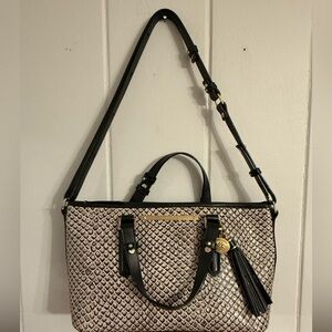 Brahmin Black & Cream Small Crossbody Leather Tote with Gold Tone Logo Tassel